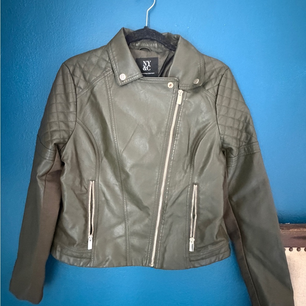 New York & Company military green Faux LeatherJacket with Quilted Shoulders